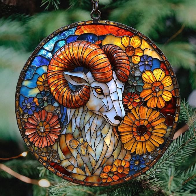 Vivid Ram Mosaic Floral Art Acrylic Suncatcher Stained Glass Effect Window Car Hanging Christmas Ornament Indoor Outdoor Decor Garden Sun Catcher Panel for Zodiac Lover for Women Mom Grandma