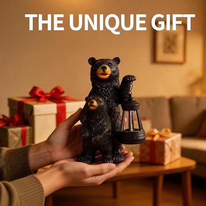 Solar Garden Statue Bear Family - 10" H Resin Outdoor Statue with Solar Powered Lantern - Welcome Bear Decor Outdoor, Unique Birthday Gifts for Women - Waterproof Patio Yard Decorations