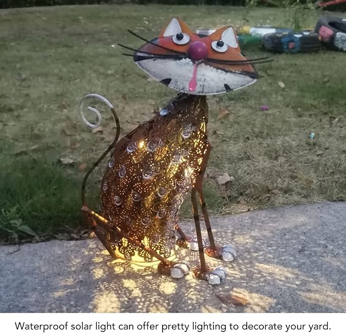 FLEXMAN Solar Lamp, Cat Figurine Patio Ornament Light Solar Lanterns Iron Outdoor cat Statues Garden Decor for Lawn, Patio, Backyard, Road Front Porch