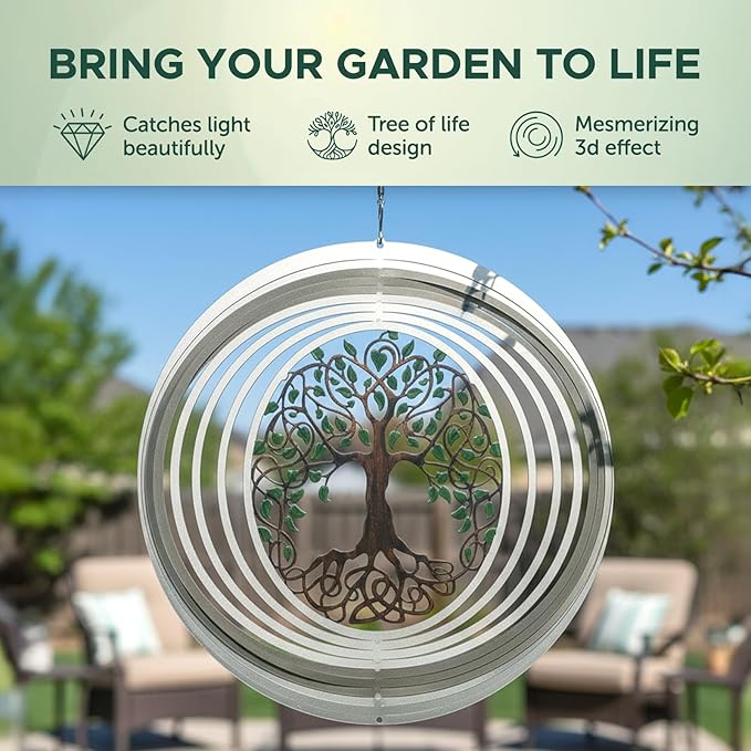 ISEO Tree of Life Wind Spinner for Outdoor, Hanging Decor, Yard Art, Porch and Patio Decorations, Metal, Weather Resistant, 6.5"