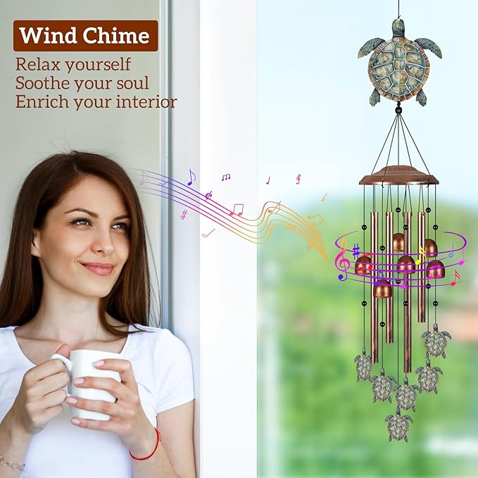 Wind Chimes for Outside, Sympathy Wind Chimes for Outdoors Garden Decor with Natural Sounds, Gifts for Women Mom and Grandma, Indoor Outdoor Decorations for Patio Porch Garden and Backyard (Turtle)