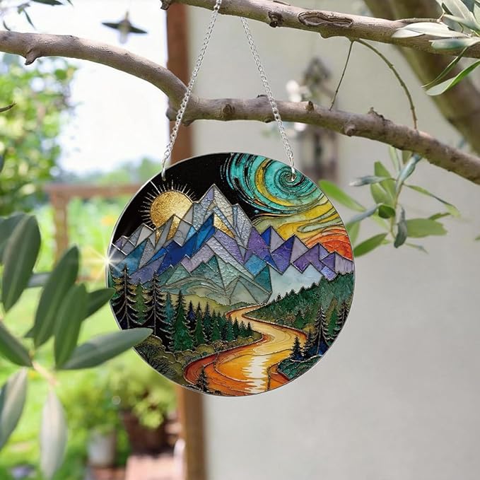 Sun Mountains Acrylic Window Hanging, Boho Wall Art Decor, Home Decor for Room, Hand Painted Round Acrylic Sun Catcher with Chain, Housewarming Gift, Women Gift for Friends Family