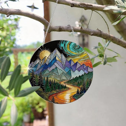 Sun Mountains Acrylic Window Hanging, Boho Wall Art Decor, Home Decor for Room, Hand Painted Round Acrylic Sun Catcher with Chain, Housewarming Gift, Women Gift for Friends Family