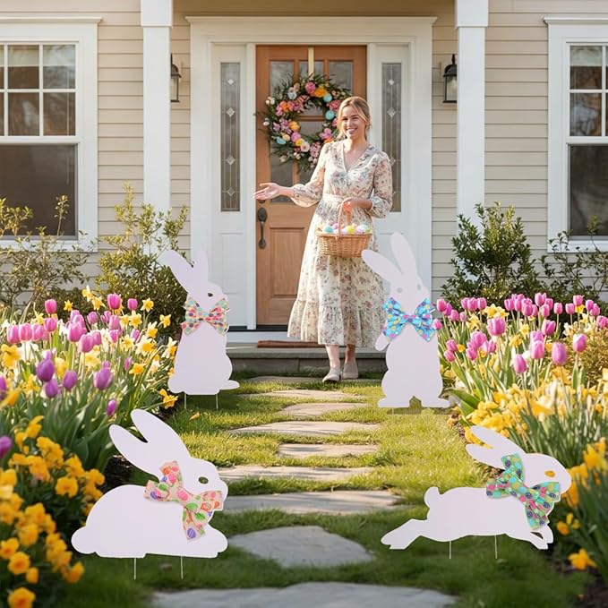 4PCS Easter Bunny Yard Decorations,Waterproof PVC Bunny Signs with Metal Stakes & Colorful Egg Bows for Outdoor Spring Garden and Lawn Decor
