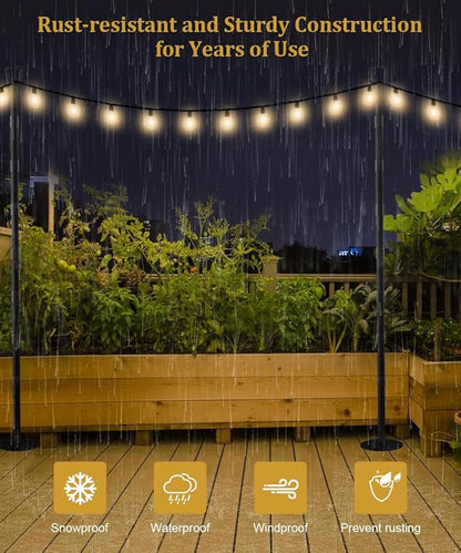 2 Pack 10FT String Light Poles for Outdoor Decor, Sturdy Light Pole with Hard Ground Base, Adjustable Metal Light Posts for Outside Patio, Backyard, Deck, Garden, Party, Wedding