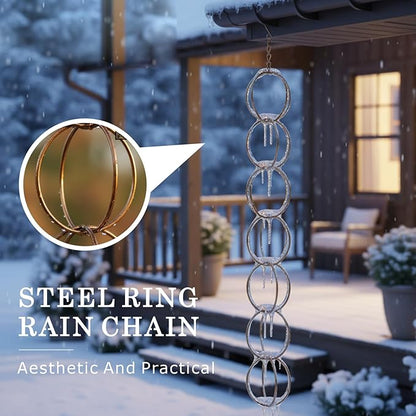 Metal Iron Ring Rain Chain for Gutters, Rust Resistant Outdoor Rain Catcher, Perfect for Heavy Rain, Indoor/Outdoor Decoration, Dark Bronze Finish