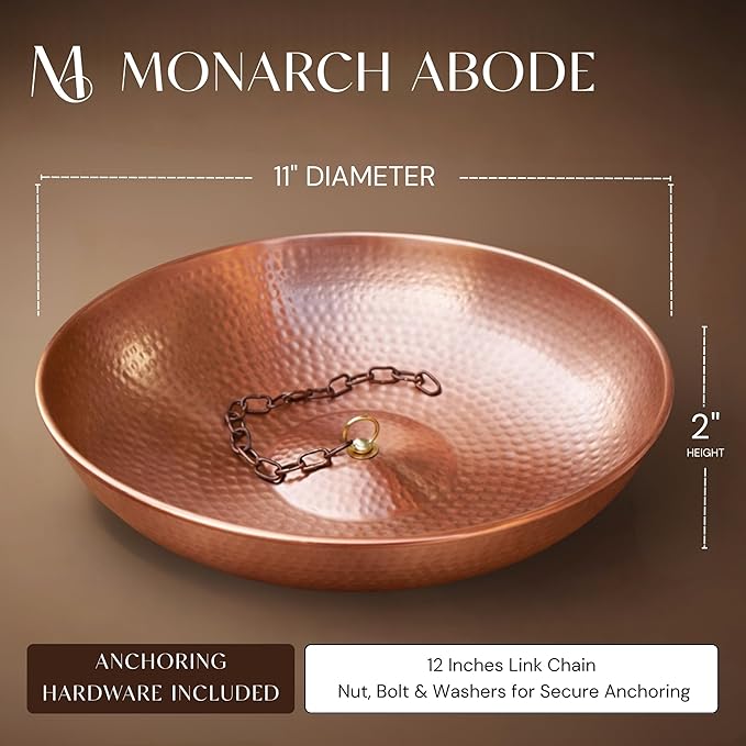 Monarch Rain Chains Rain Chain Basin – 11 Inch Hand Hammered Anchor Bowl for Gutters, Pure Copper Decorative Anchoring Basin for Outside, Garden, Lawn & Patio Water Feature, Downspout Catcher Basins