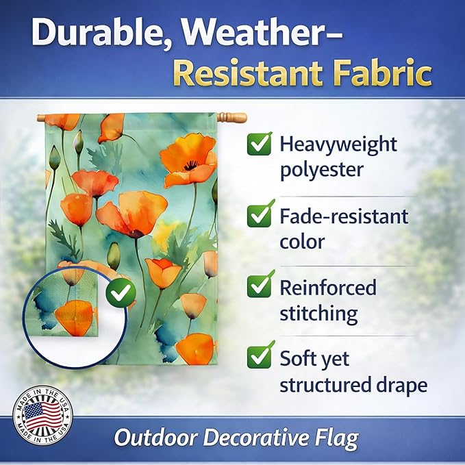 Caroline's Treasures California California Poppies in Watercolor House Flag Large Porch Sleeve Pole Decorative Outside Yard Banner Artwork Wall Hanging, Polyester, House Size, Multicolor