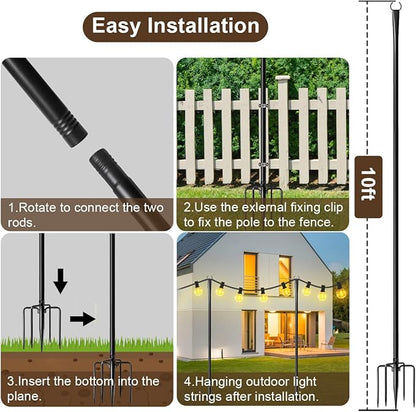 MuliVid 2 Pack 10FT Lighting Hanging Pole for Outside, Waterproof Hardened Metal Outdoor String Light Poles for Patio, Garden, Bistro, Wedding, Parties