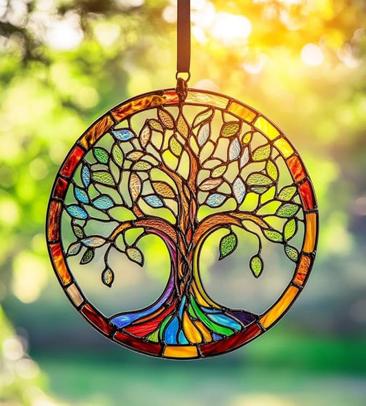 Tree of Life Acrylic Suncatcher, Boho Suncatchers for Window Hanging Ornament, Stained Glass Effect Indoor Outdoor Garden Decor for Bohemian Lover, Gifts for Mother's Day, Mom, Grandma, Wife, Women
