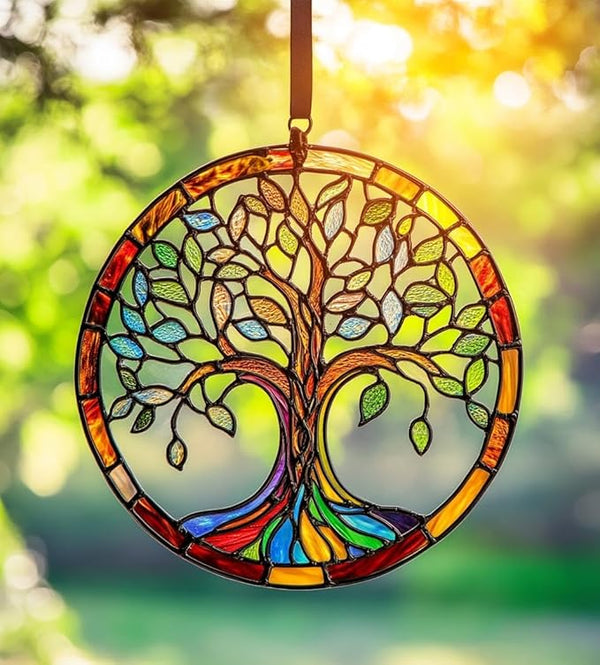 Tree of Life Acrylic Suncatcher, Boho Suncatchers for Window Hanging Ornament, Stained Glass Effect Indoor Outdoor Garden Decor for Bohemian Lover, Gifts for Mother's Day, Mom, Grandma, Wife, Women