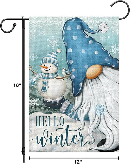 Heyfibro Hello Winter Gnome Garden Flag 12x18 Inch Double Sided Burlap Snowman Snowflakes Yard Banner for Christmas Seasonal Outside Outdoor House Decoration (ONLY FLAG)