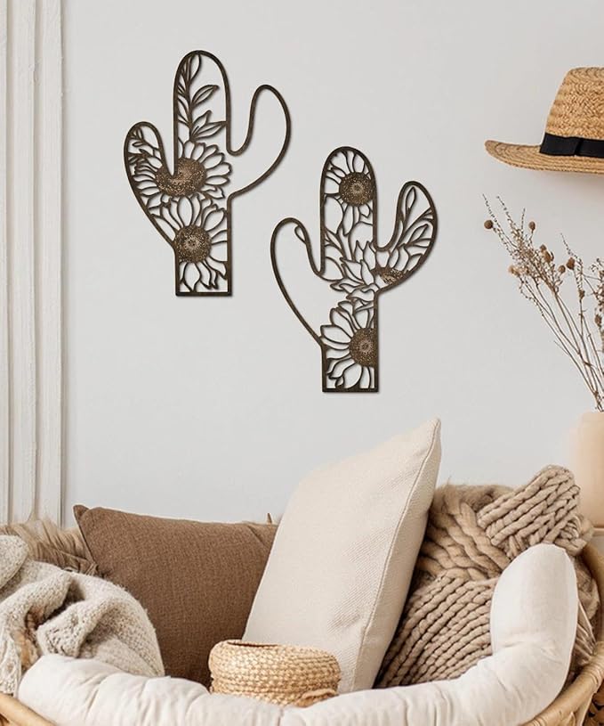 Putuo Decor Metal Cactus Outdoor Decor, Rustic Sunflower Metal Wall Art, Floral Nature-Inspired Metal Wall Art for Living Room, Bedroom, Bathroom, Boho Style, Lawn Decoration, 12.2 x 4.6 inches