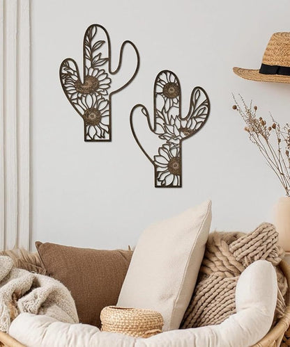 Putuo Decor Metal Cactus Outdoor Decor, Rustic Sunflower Metal Wall Art, Floral Nature-Inspired Metal Wall Art for Living Room, Bedroom, Bathroom, Boho Style, Lawn Decoration, 12.2 x 4.6 inches