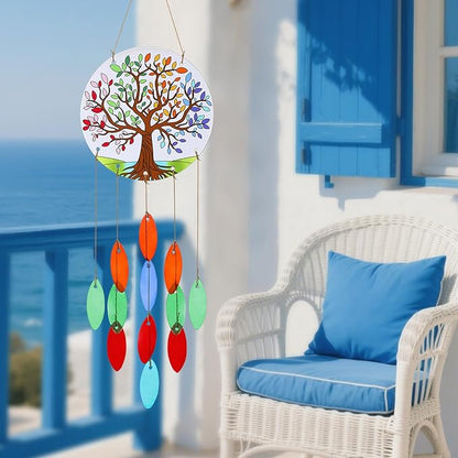 Tree of Life Glass Wind Chimes for Outside, Fall Leaves Windchimes Outdoors Unique Suncatcher, Small Sea Glass Art Wind Chimes Outdoor Gifts for Women, Hanging Outdoor Garden Christmas Decoration Gift