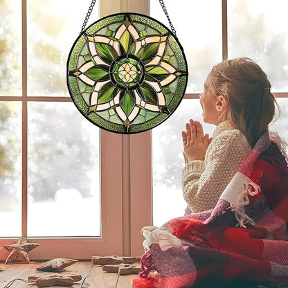Stained Glass Window Hanging - White Green Boho Flower Suncatcher for Doors Window Home Sun Catchers Decor Christmas Mother's Day Birthday Gifts for Teacher Women Men Mom Nana 11.8 in