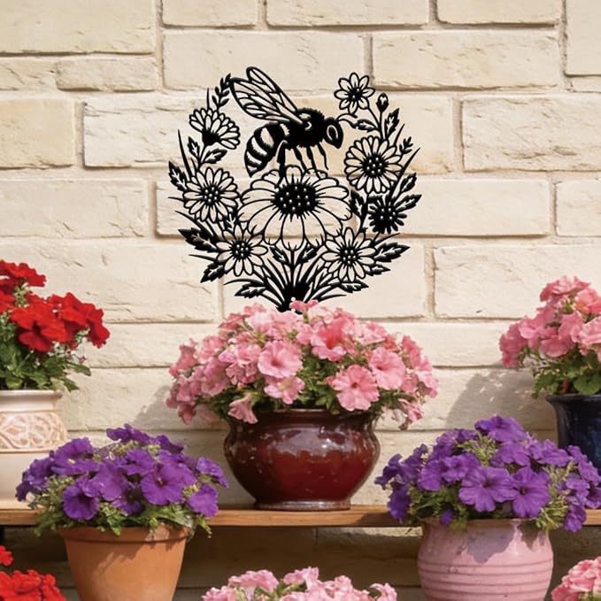SUPERDANT 1 Pcs Metal Garden Stake Bee Flowers Silhouette Yard Art Plug-In Black Sunflower Iron Decor Lawn Ornament Sign For Lawn Patio Courtyard Farm