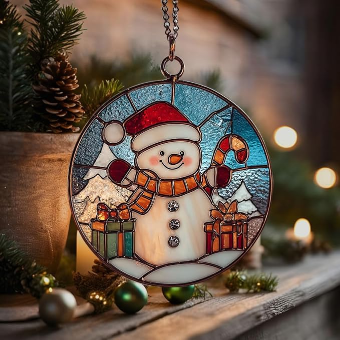 Cute Snowman Giving Presents Mosaic Acrylic Suncatcher Stained Glass Effect Window Car Hanging Christmas Ornament Indoor Outdoor Decor Garden Sun Catcher Panel for Women Mom Grandma
