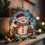 Cute Snowman Giving Presents Mosaic Acrylic Suncatcher Stained Glass Effect Window Car Hanging Christmas Ornament Indoor Outdoor Decor Garden Sun Catcher Panel for Women Mom Grandma