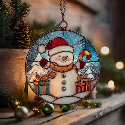 Cute Snowman Giving Presents Mosaic Acrylic Suncatcher Stained Glass Effect Window Car Hanging Christmas Ornament Indoor Outdoor Decor Garden Sun Catcher Panel for Women Mom Grandma