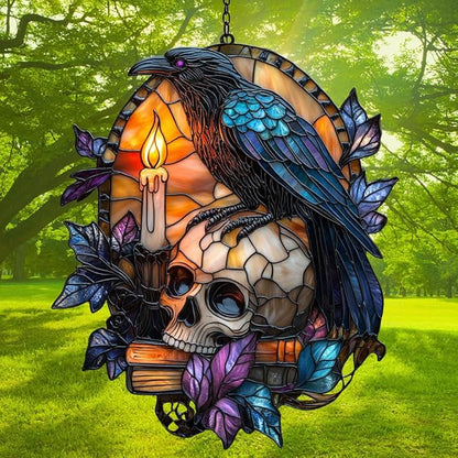 Raven and Skull Acrylic Suncatcher Stained Glass Effect Window Car Hanging Christmas Ornament Indoor Outdoor Decor Garden Sun Catcher Panel for Gothic Lover for Women Mom Grandma