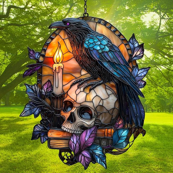 Raven and Skull Acrylic Suncatcher Stained Glass Effect Window Car Hanging Christmas Ornament Indoor Outdoor Decor Garden Sun Catcher Panel for Gothic Lover for Women Mom Grandma
