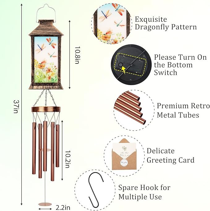YHmall Wind Chimes for Outside, 37" Windchimes Outdoors Birthday Memorial Dragonfly Gifts for Women Mom Grandma, Hanging Solar Lantern Outdoor for Home Patio Yard Garden Decor
