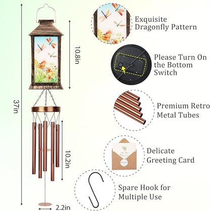 YHmall Wind Chimes for Outside, 37" Windchimes Outdoors Birthday Memorial Dragonfly Gifts for Women Mom Grandma, Hanging Solar Lantern Outdoor for Home Patio Yard Garden Decor