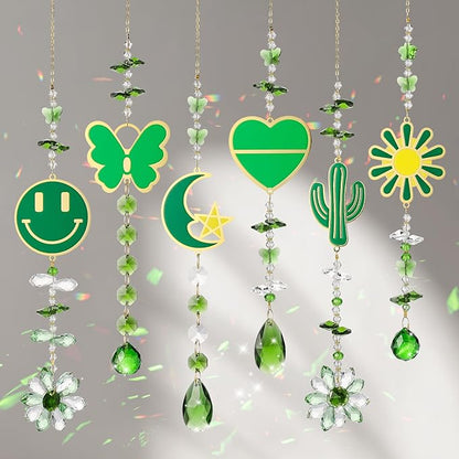 Crystal Sun Catcher Green Rainbow Maker Hanging Suncatchers Window Decor Christmas Ornaments for Tree Gift for Mom Women Set of 6