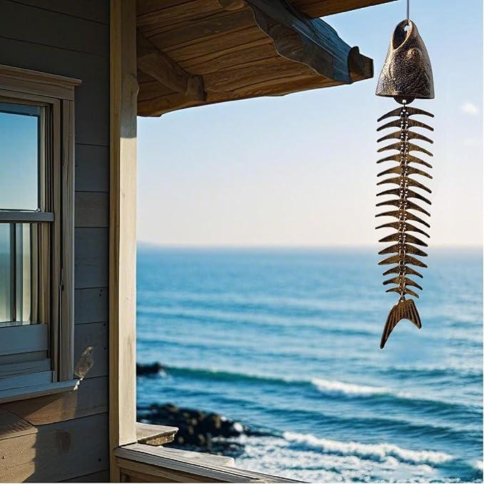 Fish Wind Chimes 1 Pack 15.75 Inch Cast Iron, Unique Design Corrosion-Resistant Durable, for Garden, Yard, Cabin, Outdoor, Beach & Camping Use
