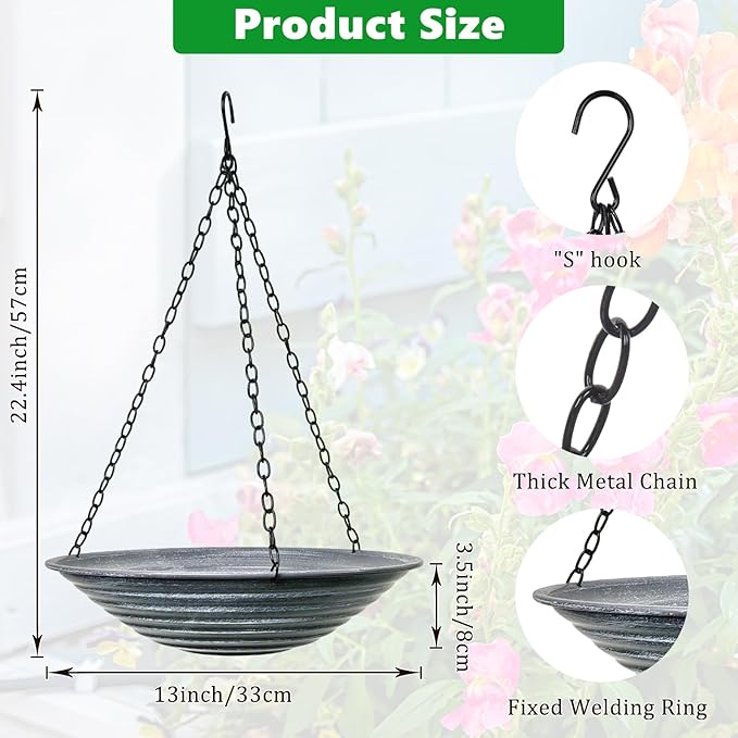 13 inch Rain Chain Basin, Metal Rain Chains Anchoring Bowl Dish, DIY Rain Chain Basin for Gutter Downspout, Hanging Birdbath for Outdoor Garden Patio Decor, Grey