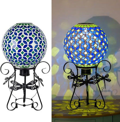 Stargarden Solar Gazing Ball, 10”Glass Gazing Globe, Mosaic Gazing Balls with Metal Ball Stand for Patio, Lawn, Garden Decor(Blue)