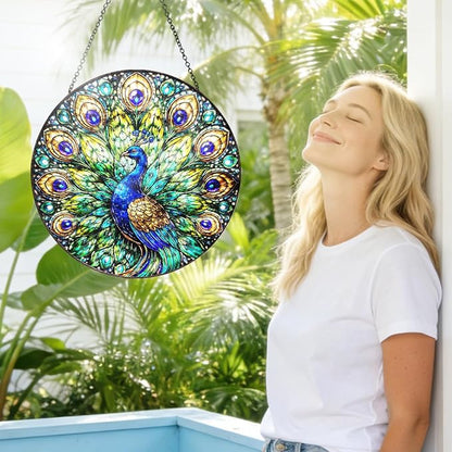 Peacock Stained Glass Window Hanging – Round Bird Suncatcher with Chain, Colorful Glass Ornament for Living Room Bedroom Home Garden Decor Gift, 8 Inch