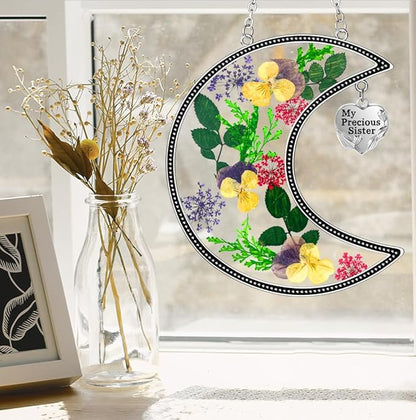 KY&BOSAM Hanging Ornament, My Precious Sister Suncatcher with Pressed Flower, Silver Heart Charm - Mother’s Day, Birthday, Christmas Gift