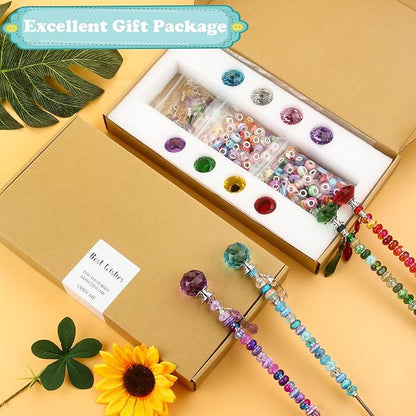 UFU 192Pcs DIY Fairy Wand Beaded Garden Stakes Kit, Decorative Garden Stakes with Colorful Crystal Pendants, Outdoor Fairy Garden Accessories, Beadable Items for Decor, Gifts & Craft (10 in)