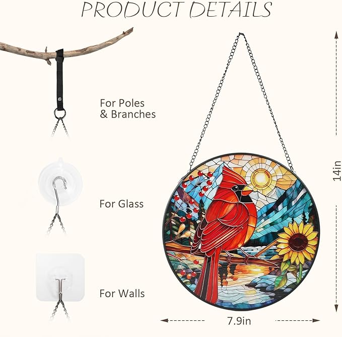 Cardinal Stained Glass Window Hanging with Sunflower, 7.9-Inch Suncatcher for Windows, Cardinal Gifts for Women, for Bird Lovers