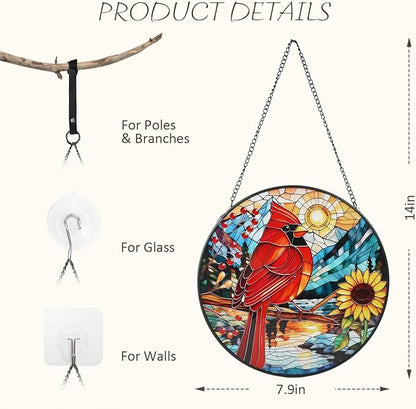 Cardinal Stained Glass Window Hanging with Sunflower, 7.9-Inch Suncatcher for Windows, Cardinal Gifts for Women, for Bird Lovers