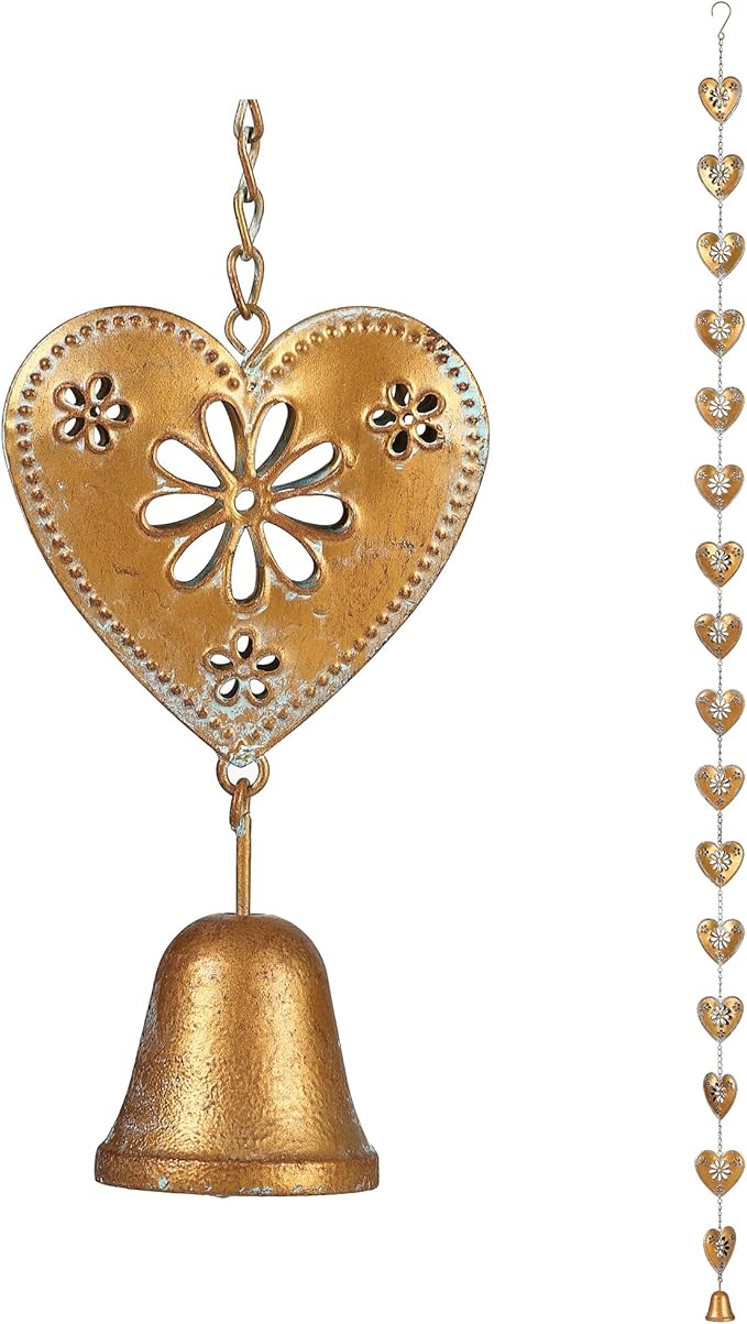 8.5FT Gold Patina Heart Rain Chain for Gutters, Functional and Decorative Replacement Downspout Chain for Outside, Metal Rain Catcher Chain