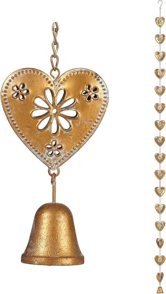 8.5FT Gold Patina Heart Rain Chain for Gutters, Functional and Decorative Replacement Downspout Chain for Outside, Metal Rain Catcher Chain