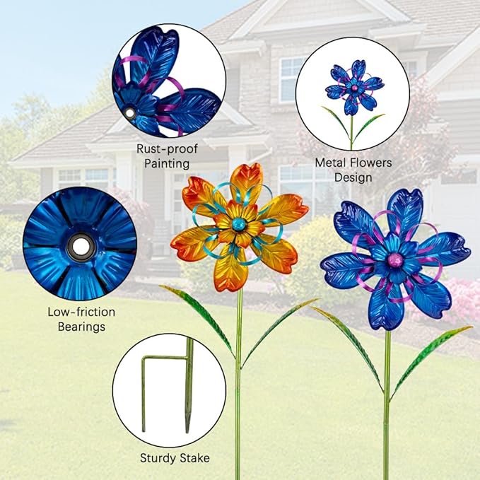 Wind Spinners Outdoor, 2 Pack Metal Pinwheels, Decorative Wind Sculptures & Spinners, Kinetic Windmill for Patio, Garden, Yard, Porch Decor