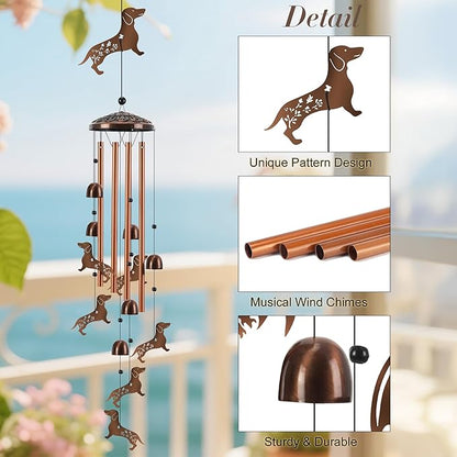Dog Wind Chimes for Outside, Metal Dachshund Windchime with 4 Aluminum Tubes, Birthday Housewarming Gift for Women/Men/Mom/Dad, Memorial Wind Chime for Outdoor/Indoor, Patio, Garden, Yard, Home Decor