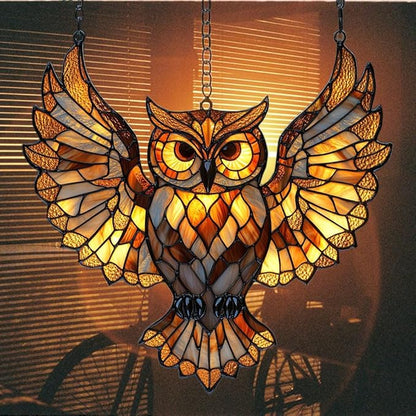 Owl Faux Tiffany Acrylic Suncatcher Stained Glass Effect Window Car Hanging Christmas Ornament Indoor Outdoor Decor Garden Sun Catcher Panel for Owl Lover for Women Mom Grandma