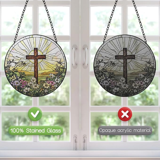 Stained Glass Window Hanging, 8 Inch Cross Wildflowers Suncatcher, Christian Sun Catchers Indoor Window, Floral Cross Religious Home Garden Decor Glass Panel, Easter Faith Christian Gifts for Women