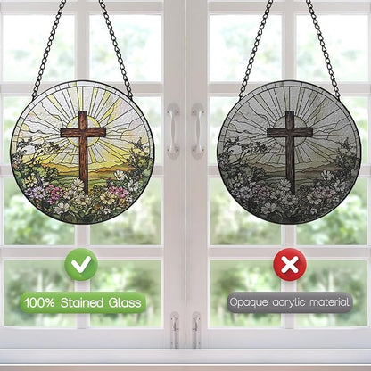 Stained Glass Window Hanging, 8 Inch Cross Wildflowers Suncatcher, Christian Sun Catchers Indoor Window, Floral Cross Religious Home Garden Decor Glass Panel, Easter Faith Christian Gifts for Women