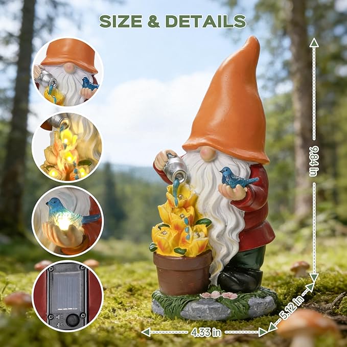 Solar Gnome Statue Outdoor Decor,Gnome Figurines with Flower LED Light for Garden Decorations for Patio Lawn Balcony Fairy Gardens,Housewarming Gifts for Women Mom