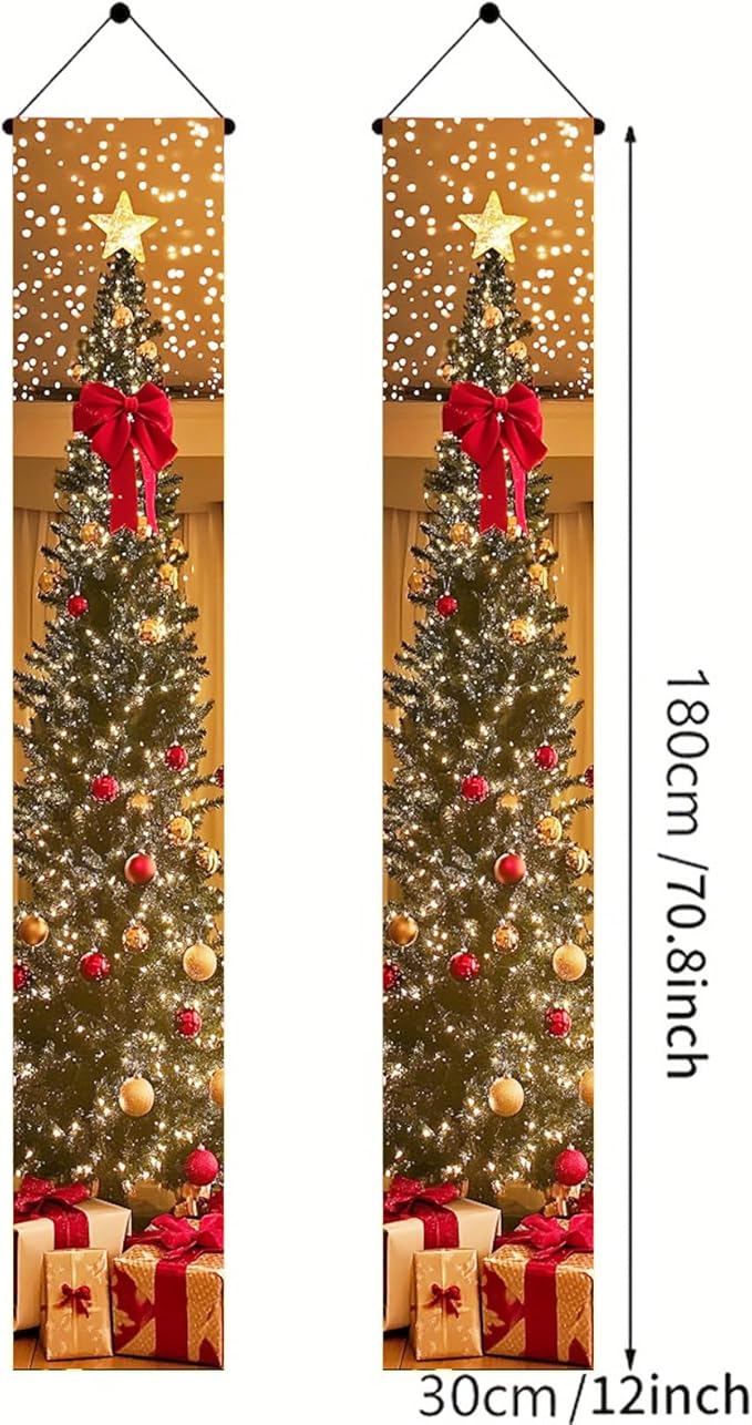 BlissYard Christmas Tree Long Vertical Banner Outdoor Front Porch Hanging Decor 12x71 Inch Xmas Tree Sparkling Ornaments Lights Star Festive Indoor Outdoor Xmas Decor Wall Front Door Yard Garage