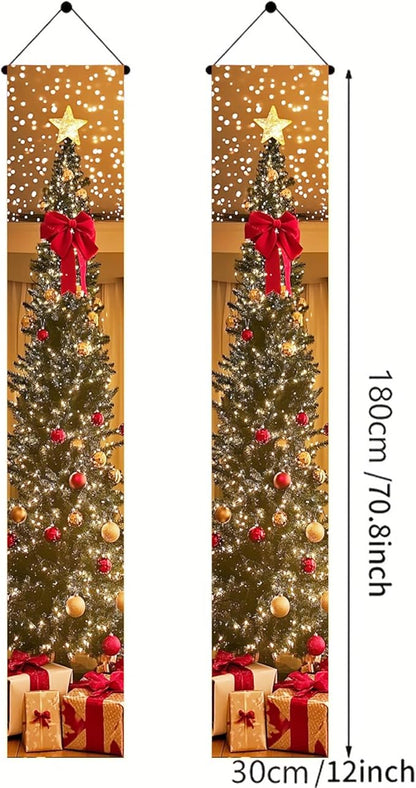 BlissYard Christmas Tree Long Vertical Banner Outdoor Front Porch Hanging Decor 12x71 Inch Xmas Tree Sparkling Ornaments Lights Star Festive Indoor Outdoor Xmas Decor Wall Front Door Yard Garage