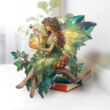 Fairy Stained Glass Acrylic Ornament – Enchanted Forest Fairy with Squirrel, Hanging Window Sun Catcher Decoration, Whimsical Christmas Ornament Gift for Women and Girls (Sun-32)