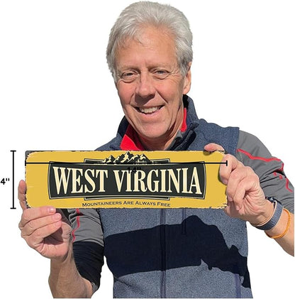 SmartSign 4 x 14 inch West Virginia State Vintage Metal Sign “Mountaineers Are Always Free”, 40 mil Rustproof Aluminum with Clear Overcoat, Retro Wall Décor, Multicolor, Made in USA