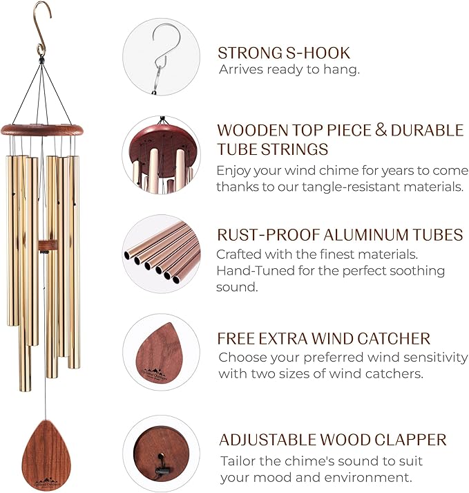 UpBlend XL Wind Chimes for Outside Gift – Deep Tone Wind Chime with Decorative Stone – Porch & Patio Decor, Elegant Outdoor Ornament, Garden Gifts. 38” Bronze.